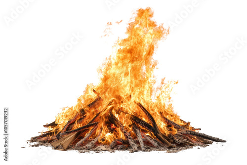 A vibrant bonfire with flames rising against a white isolated background.