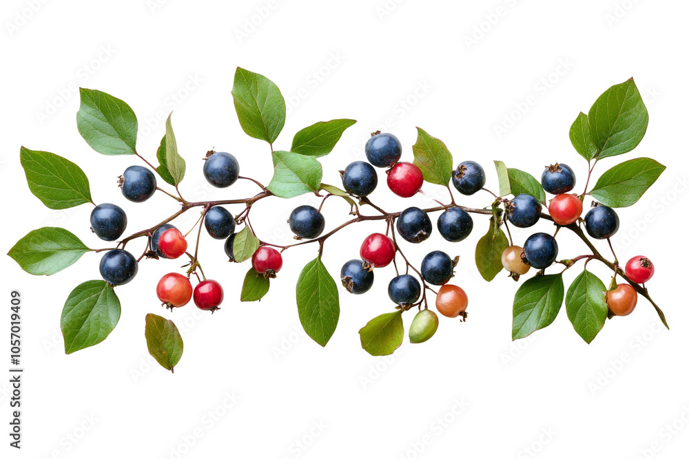 A vibrant branch featuring various berries and lush green leaves against a transparent background. A vibrant branch featuring various berries and lush green leaves against a transparent background.