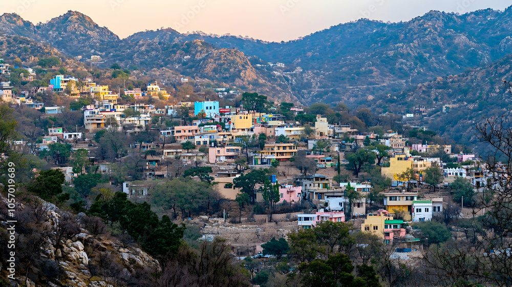 Colorful houses on a hillside in a mountainous region. Colorful houses on a hillside in a mountainous region.
