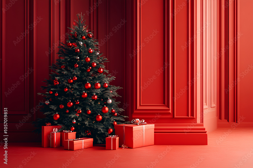 Minimalist holiday theme with decorated tree, red and silver baubles, and gifts Minimalist holiday theme with decorated tree, red and silver baubles, and gifts