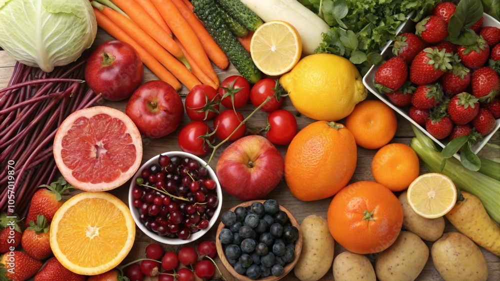 A vibrant assortment of fresh fruits and vegetables, including oranges, strawberries, blueberries, tomatoes, carrots, and leafy greens, displayed in a colorful spread that highlights natural nutrition A vibrant assortment of fresh fruits and vegetables, including oranges, strawberries, blueberries, tomatoes, carrots, and leafy greens, displayed in a colorful spread that highlights natural nutrition