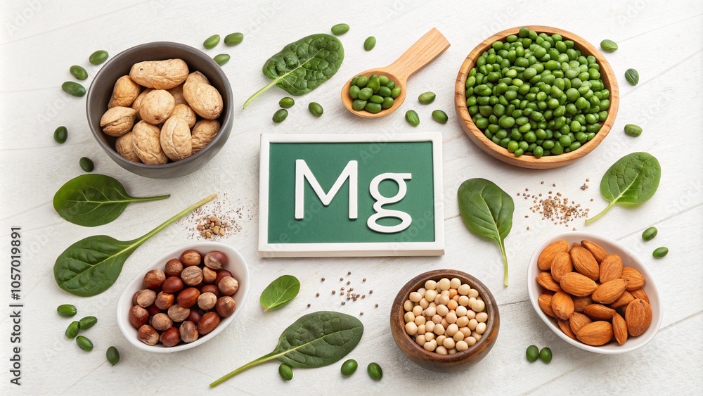 A health-focused arrangement of magnesium-rich foods, including spinach, nuts, seeds, and beans, displayed around an A health-focused arrangement of magnesium-rich foods, including spinach, nuts, seeds, and beans, displayed around an