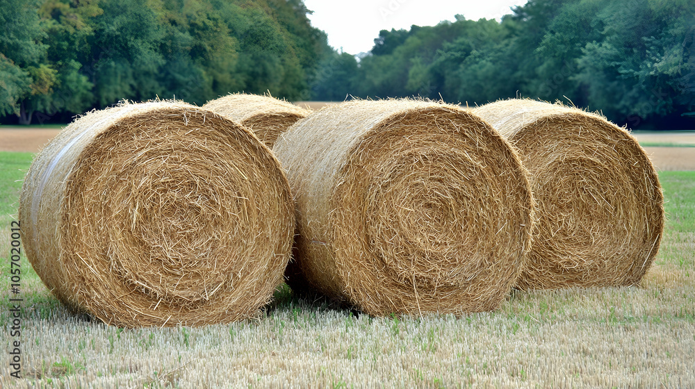 Four round hay bales sit in a field. Four round hay bales sit in a field.