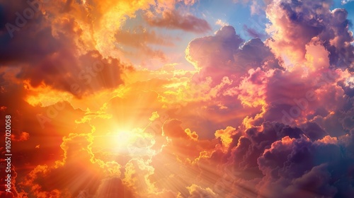 Vivid Sunset Colors: Sunlight streaming through clouds in the sky