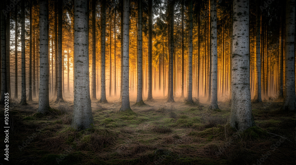 Obraz premium Golden light filters through the trees in a foggy forest.