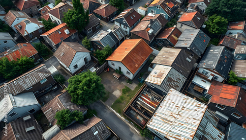 Low in coming houses with small yard and old rusty roofs in suburbia of american town. Dense crowded neighborhood in dangerous borough. Aerial top down flyover isolated with white shades, png