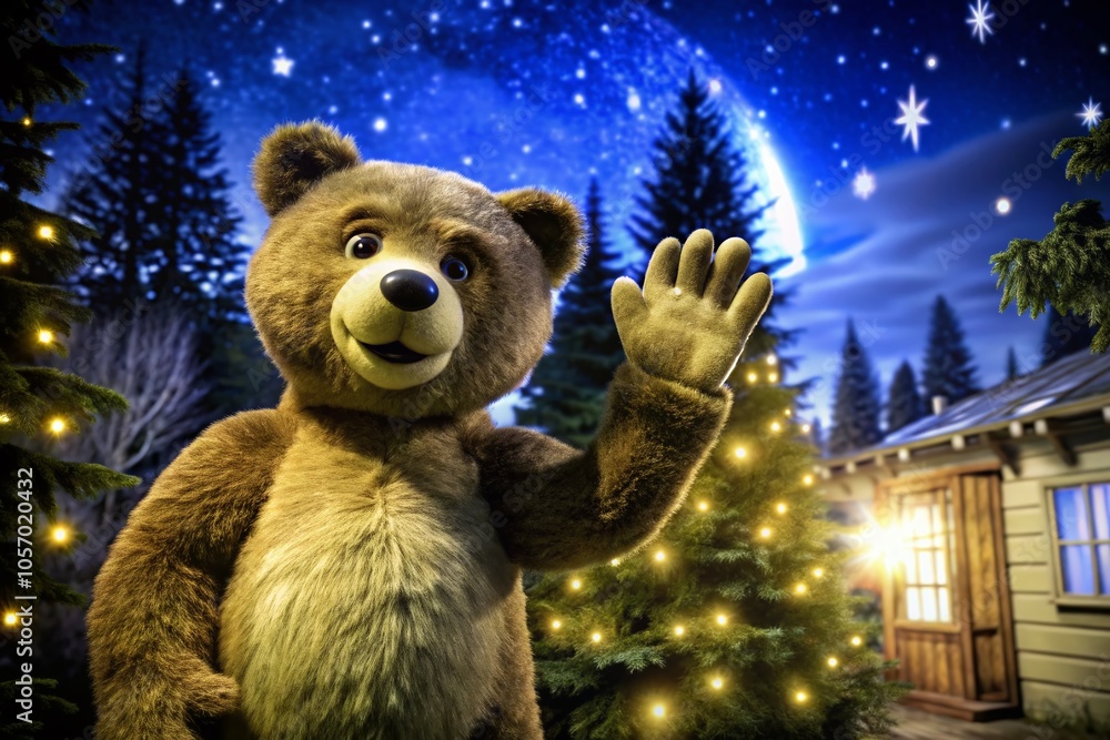 Charming Bear Leaning and Waving in Low Light - Fun Flat Illustration for Kids and Nurseries Charming Bear Leaning and Waving in Low Light - Fun Flat Illustration for Kids and Nurseries