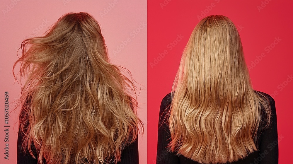 Split-screen image, left side showing messy wild unkempt long blonde female hair, right side showing the same hair wit no color change but perfectly combed, generative ai Split-screen image, left side showing messy wild unkempt long blonde female hair, right side showing the same hair wit no color change but perfectly combed, generative ai