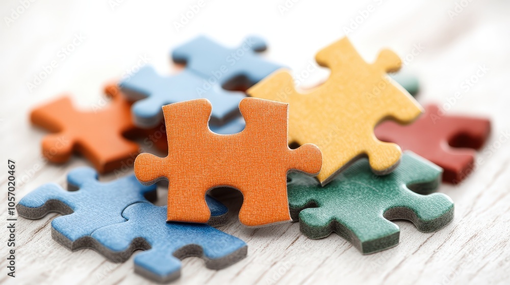 Fototapeta premium Colorful Puzzle Pieces on White Wooden Background Teamwork Solution Success