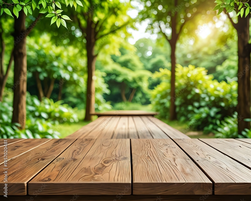 Original name(s): Empty rustic wooden table with defocused green lush foliage at background. Ideal for product display on top of the table. Predominant color are green and brown Original name(s): Empty rustic wooden table with defocused green lush foliage at background. Ideal for product display on top of the table. Predominant color are green and brown