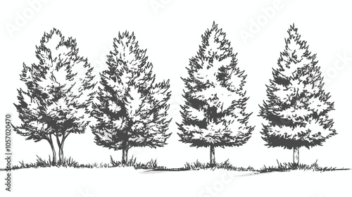 Architectural Drawings Minimal style cad tree line drawing set of green fir trees isolated on the white background, Christmas pine tree vector illustration outline symbol for landscape design drawing