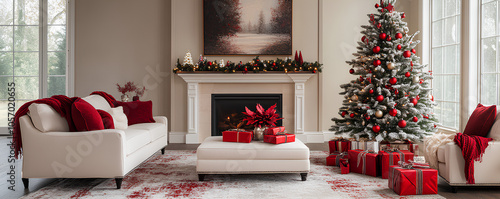 Simple Christmas setup with decorated tree, red ornaments, and presents on white