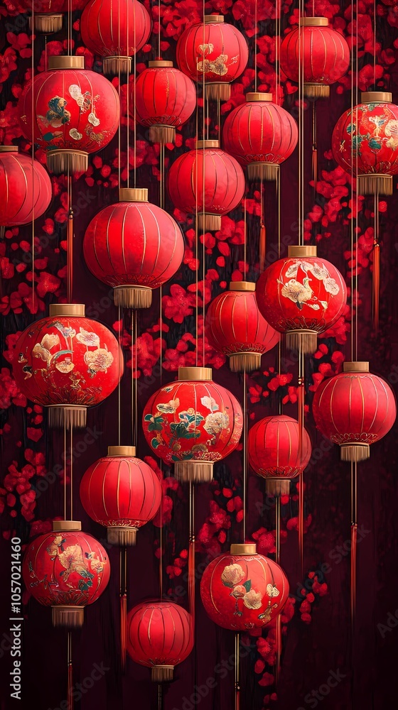 Fototapeta premium Chinese traditional red flowers illustration poster background