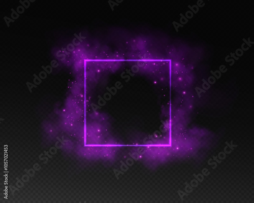 A magical fantasy portal. Square light frame with fine dust particles and light smoke, futuristic teleporter.Purple neon lights illuminate night scene with glitter on transparent background. Lighting 