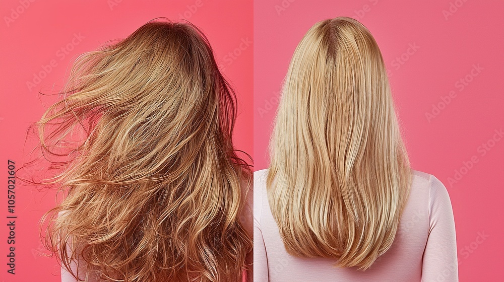 Split-screen image, left side showing messy wild unkempt long blonde female hair, right side showing the same hair wit no color change but perfectly combed, generative ai Split-screen image, left side showing messy wild unkempt long blonde female hair, right side showing the same hair wit no color change but perfectly combed, generative ai