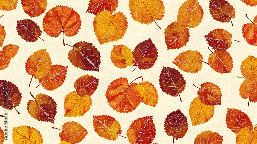 Fototapeta premium Seamless pattern of autumn leaves in orange, red and yellow hues on a beige background.
