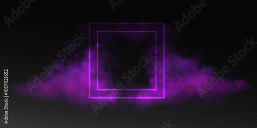 Magical portal in fantasy style. Square light frame with purple smoke and dust, futuristic teleporter.Purple neon lights illuminate night scene on transparent background. Light effect