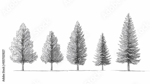 Architectural Drawings Minimal style cad tree line drawing set of green fir trees isolated on the white background, Christmas pine tree vector illustration outline symbol for landscape design drawing