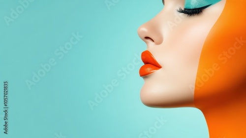 Vibrant makeup art with bold orange and teal accents on a woman's face, AI