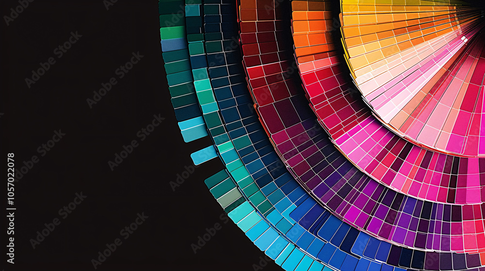 Obraz premium A close-up of a colorful fan of paint swatches in various shades, arranged in a semicircle against a black background
