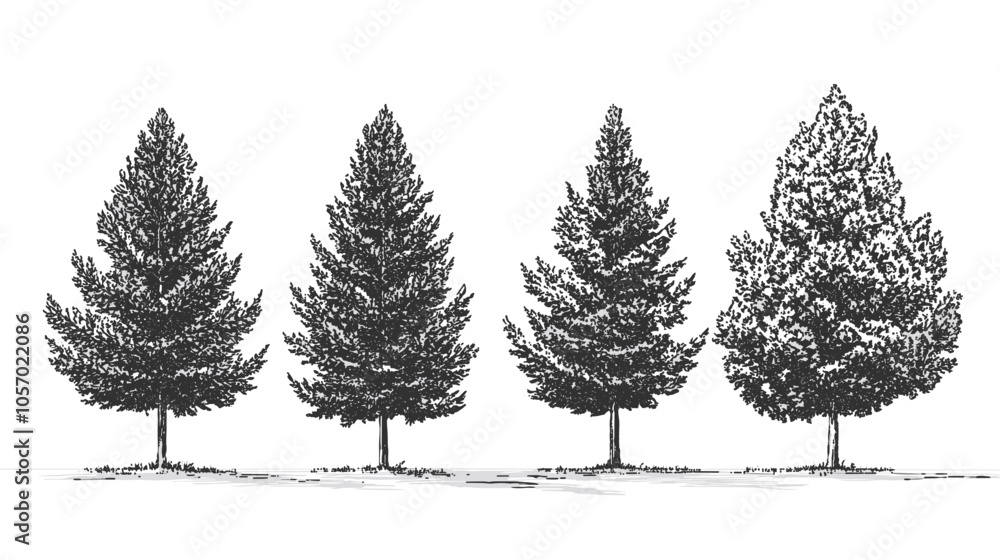 Obraz premium Architectural Drawings Minimal style cad tree line drawing set of green fir trees isolated on the white background, Christmas pine tree vector illustration outline symbol for landscape design drawing