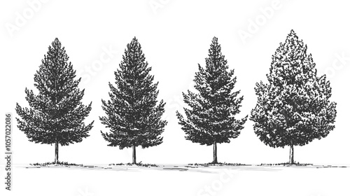 Architectural Drawings Minimal style cad tree line drawing set of green fir trees isolated on the white background, Christmas pine tree vector illustration outline symbol for landscape design drawing