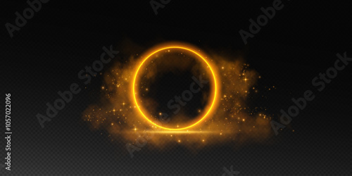 A magical fantasy portal. Round light frame with fine dust particles and light smoke, futuristic teleporter. Golden neon lights illuminate night scene with sequins on transparent background. Light eff