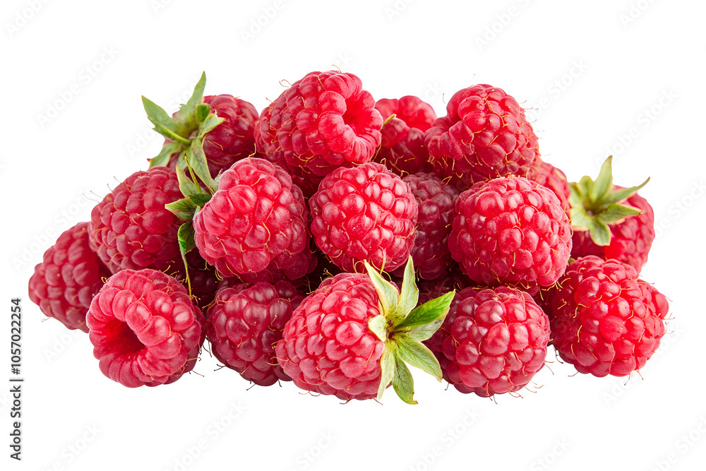 Cluster of Red ripe raspberries with green leaves isolated on a white background Cluster of Red ripe raspberries with green leaves isolated on a white background