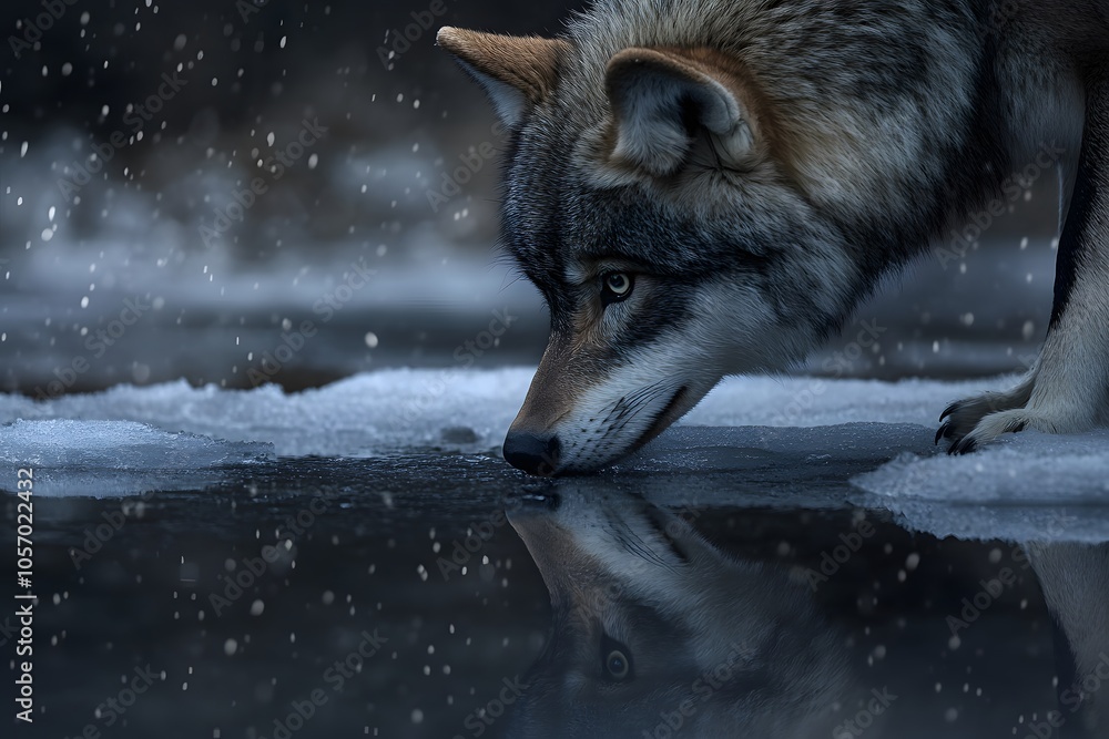 Obraz premium Wolf Drinking Water with Reflection in Frozen Lake During Snowfall