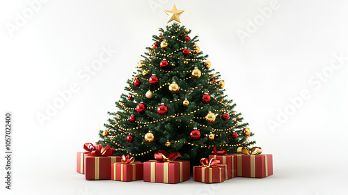 3D Christmas tree with holiday decorations and gifts, simple and elegant design
