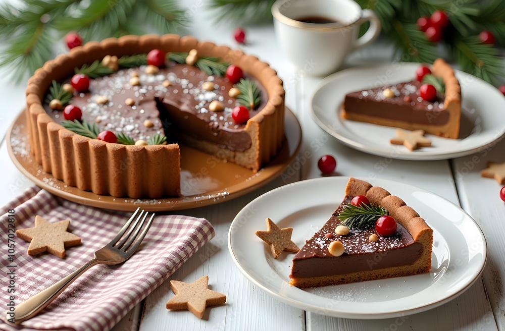 Christmas cutted chololate cake with gingerbreads, rosemary and cranberries on light wooden background Christmas cutted chololate cake with gingerbreads, rosemary and cranberries on light wooden background