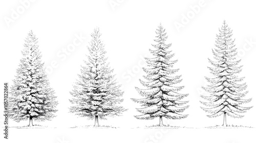 Architectural Drawings Minimal style cad tree line drawing set of green fir trees isolated on the white background, Christmas pine tree vector illustration outline symbol for landscape design drawing