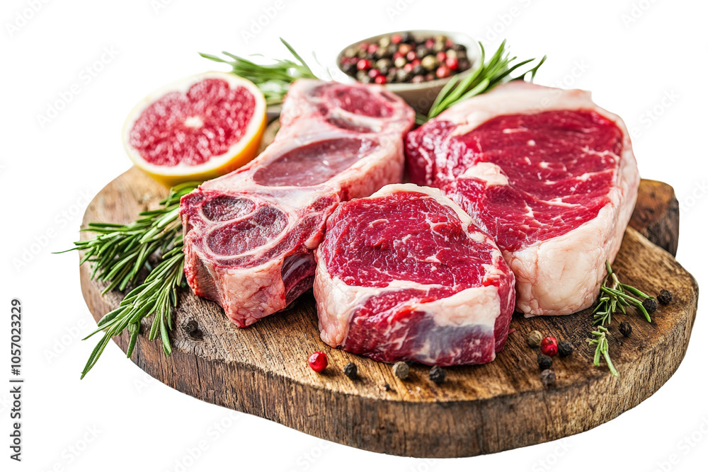 Assorted raw meats displayed on a wooden board with herbs and spices, ready for cooking. Assorted raw meats displayed on a wooden board with herbs and spices, ready for cooking.