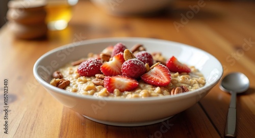 A warm bowl of oatmeal with fresh fruit, nuts