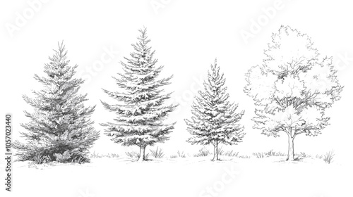 Architectural Drawings Minimal style cad tree line drawing set of green fir trees isolated on the white background, Christmas pine tree vector illustration outline symbol for landscape design drawing