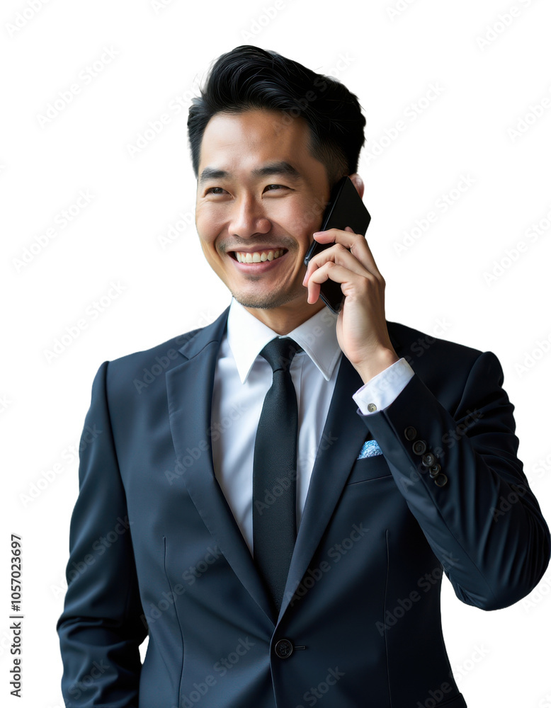 Portrait of Asian smiling businessman in a suit, talking on thephone, isolated on transparent background Portrait of Asian smiling businessman in a suit, talking on thephone, isolated on transparent background