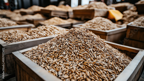 Close-up view of wooden crates filled with grains in a market or storage setting, showcasing diverse types of cereals or seeds in various containers. photo