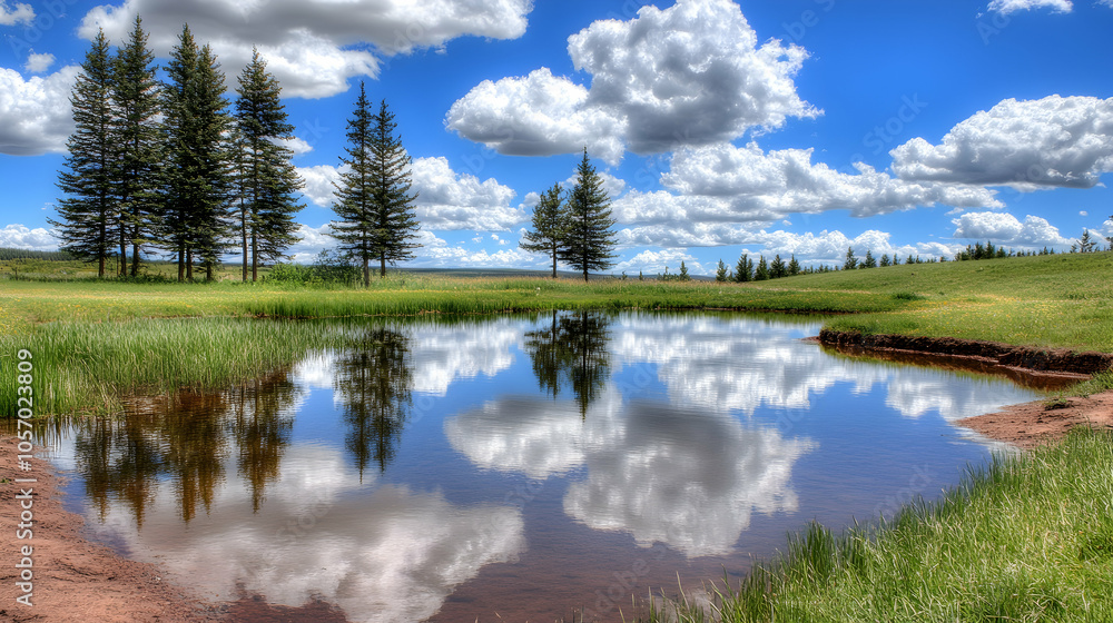 Fototapeta premium Tranquil pond with lush green grass and a stunning reflection of the clouds in the blue sky.
