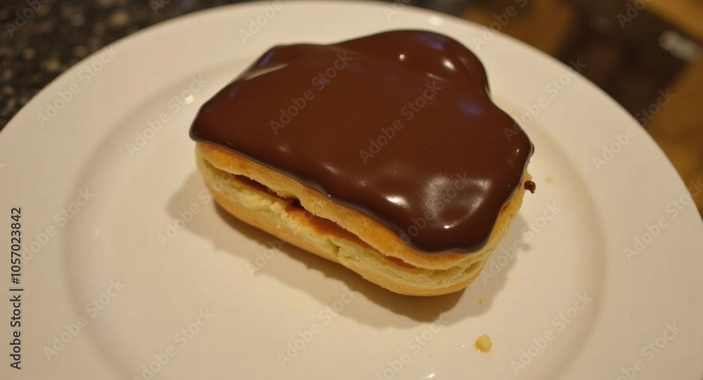 A delicate éclair topped with chocolate glaze, set on a Frenc A delicate éclair topped with chocolate glaze, set on a Frenc