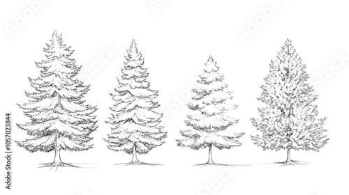Architectural Drawings Minimal style cad tree line drawing set of green fir trees isolated on the white background, Christmas pine tree vector illustration outline symbol for landscape design drawing