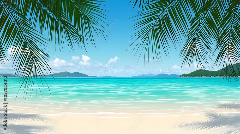 Tropical beach with palm trees, white sand, and turquoise water. Tropical beach with palm trees, white sand, and turquoise water.