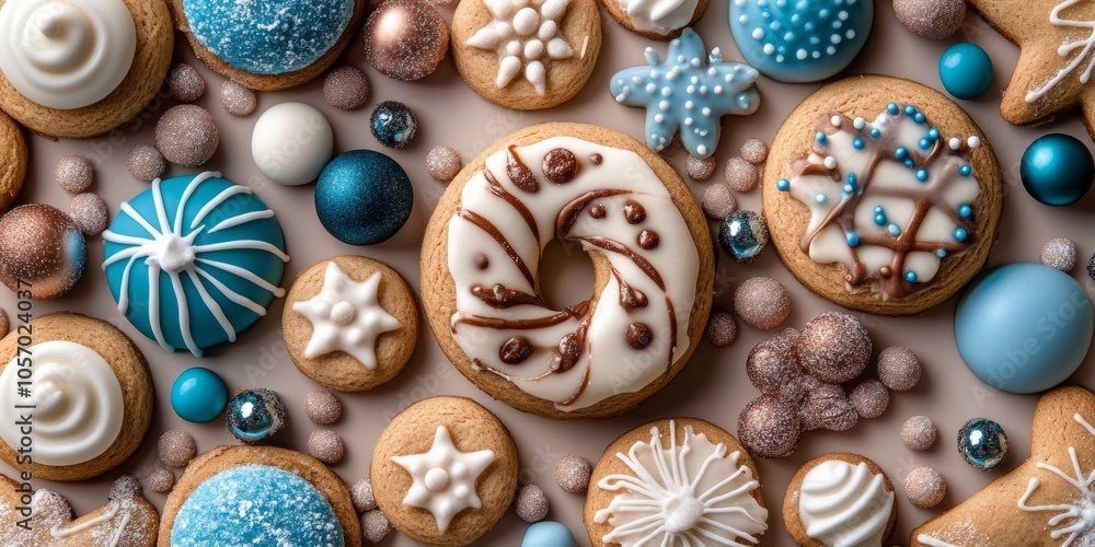 Fototapeta premium Winter Wonderland Cookies: A delightful assortment of intricately decorated gingerbread cookies in a frosty blue and white color scheme. The cookies are scattered amongst shimmering beads.