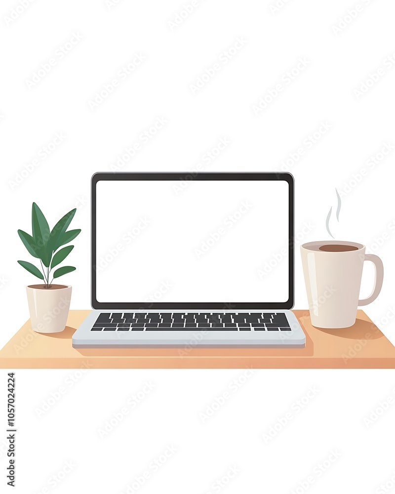 Laptop and Coffee on Desk - Simple Minimalist Illustration Laptop and Coffee on Desk - Simple Minimalist Illustration