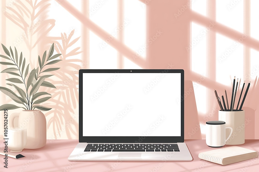 Laptop on Desk with Sunlight and Plant, Minimalist Home Office Setup Laptop on Desk with Sunlight and Plant, Minimalist Home Office Setup