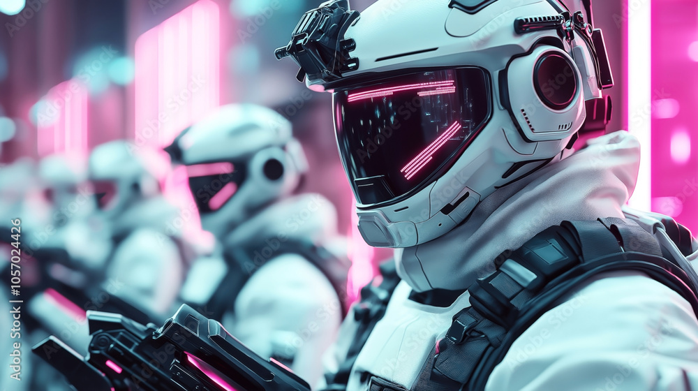 Fototapeta premium Futuristic soldiers wearing advanced helmets and armor with pink neon lights, standing in formation in a high-tech environment with a vibrant glow.