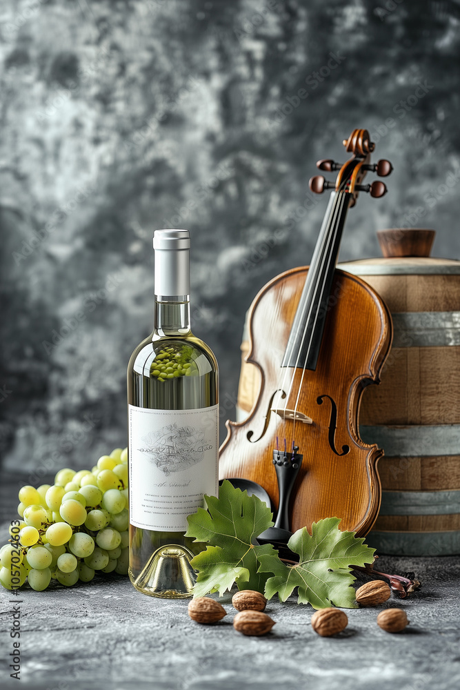 Obraz premium Elegant Wine Still Life with Grapes, Violin, and Barrel