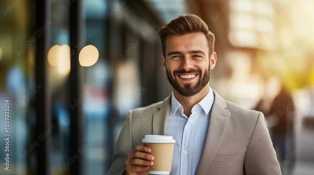 Man in a suit holding a coffee cup with a smile on his face Man in a suit holding a coffee cup with a smile on his face