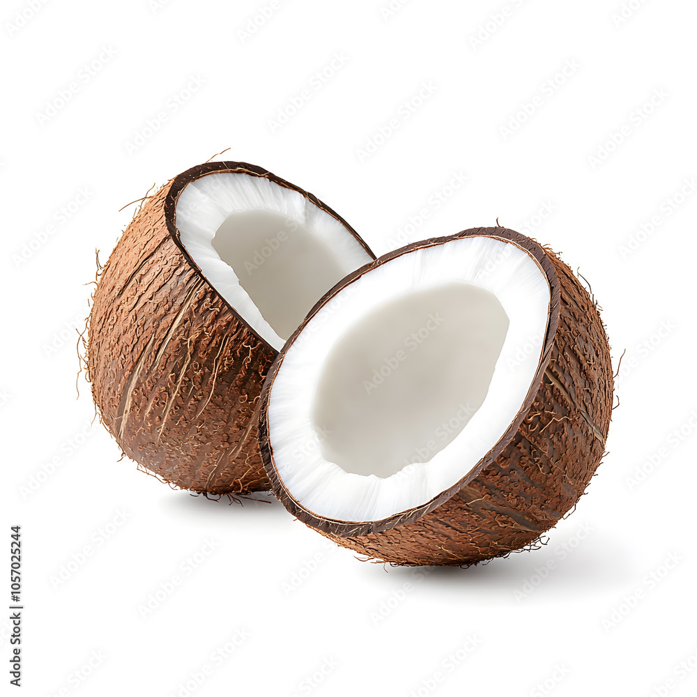 Fresh whole coconut and its half, with palm leaf, isolated on white background Fresh whole coconut and its half, with palm leaf, isolated on white background