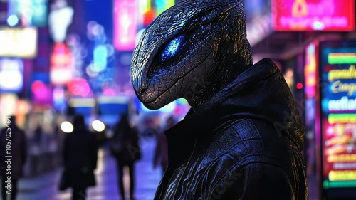 Reptilian humanoid looking at city street