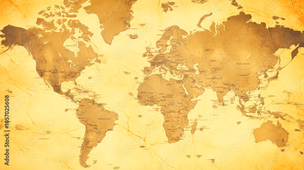 Fototapeta premium A sepia-toned traditional world atlas display, featuring continents and national boundaries on an old-style paper with classic design.